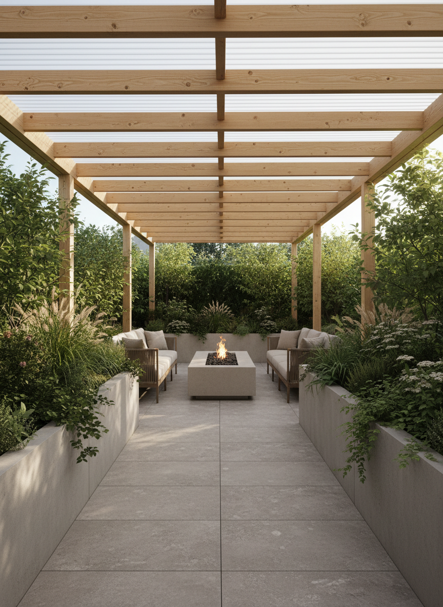 A modern eco-friendly backyard terrace featuring a sleek, light-toned wooden pergola with a translucent polycarbonate roof, casting soft, dappled shade over a stone-textured ceramic floor. Raised planters with dense native greenery frame the space, while a minimalist fire feature built in smooth architectural concrete anchors the composition. Late afternoon natural light creates warm highlights along the pergola beams and gentle shadows across the floor. Photographic realism, shot at eye level with a wide-angle lens to capture the entire patio, emphasizing a calm, safe, and welcoming family environment. The mood is serene and professional, with clean lines, neutral colors, and subtle green accents reinforcing sustainable outdoor construction.