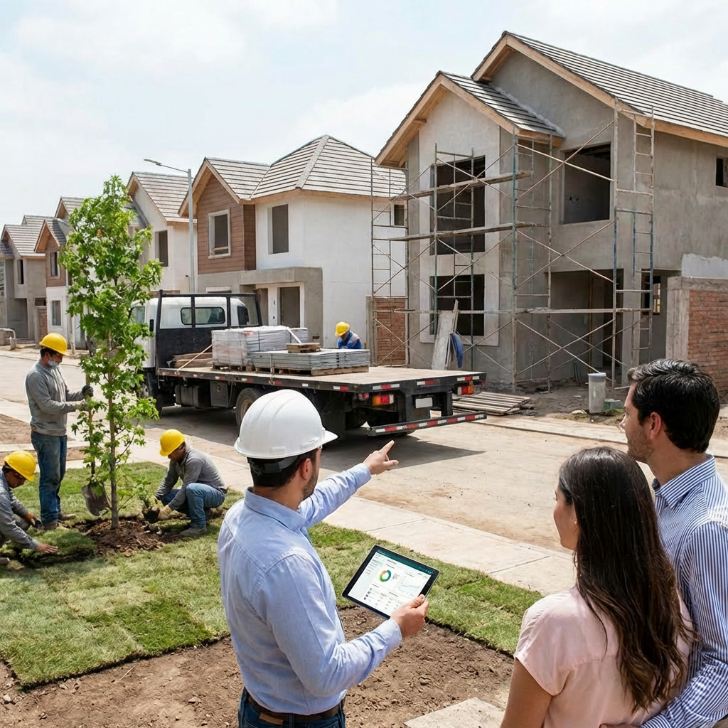 ENTREGA Y SEGUIMIENTO: CONSTRUCCIÓN Y PAISAJISMO. Professional showing clients construction progress on a tablet.